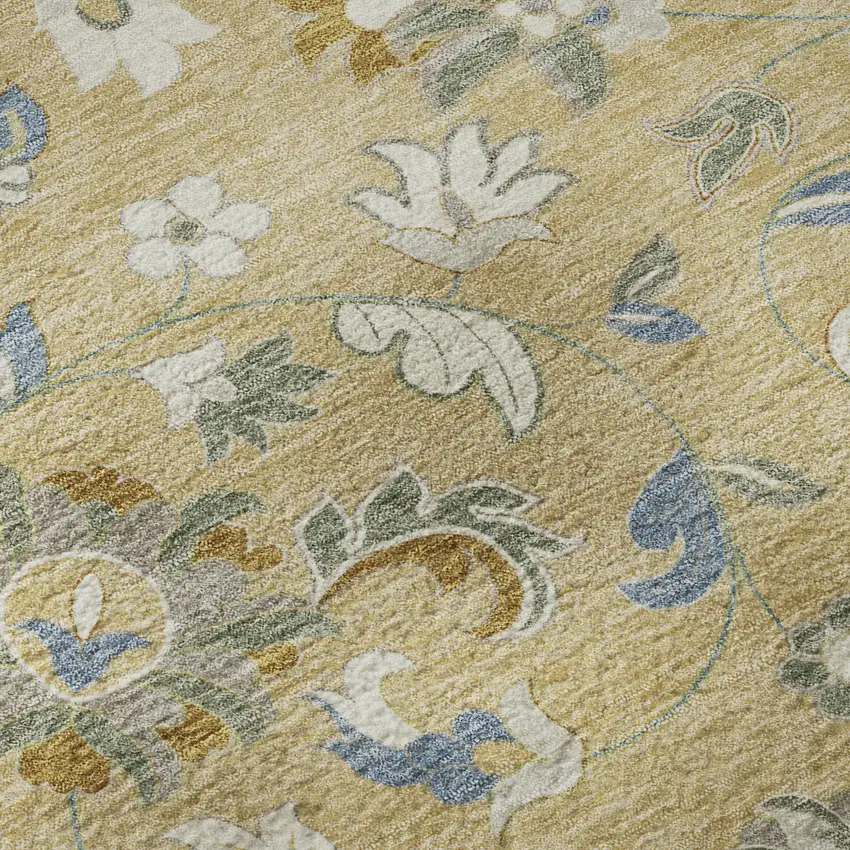 Wheat Blue And Beige Floral Washable Area Rug With UV Protection Photo 9
