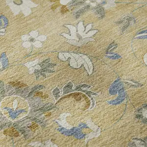 Photo of Wheat Blue And Beige Floral Washable Area Rug With UV Protection