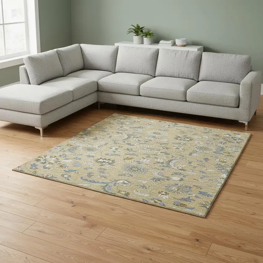 Wheat Blue And Beige Floral Washable Area Rug With UV Protection Photo 2