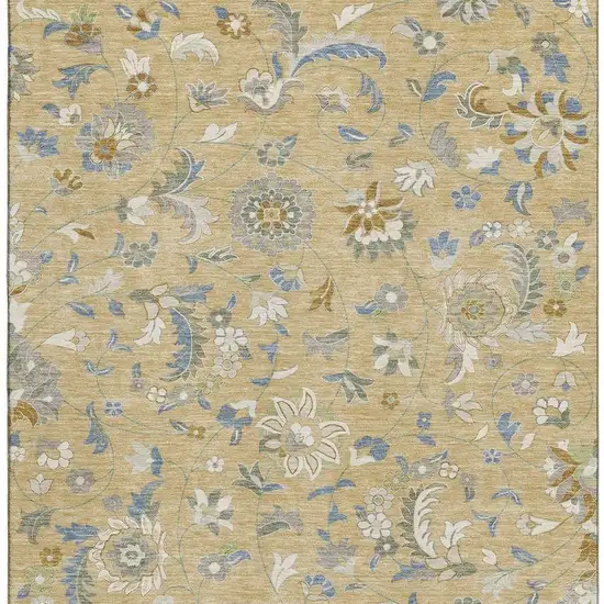 Wheat Blue And Beige Floral Washable Area Rug With UV Protection Photo 2