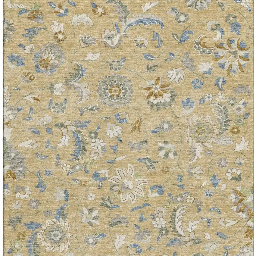 Wheat Blue And Beige Floral Washable Area Rug With UV Protection Photo 2