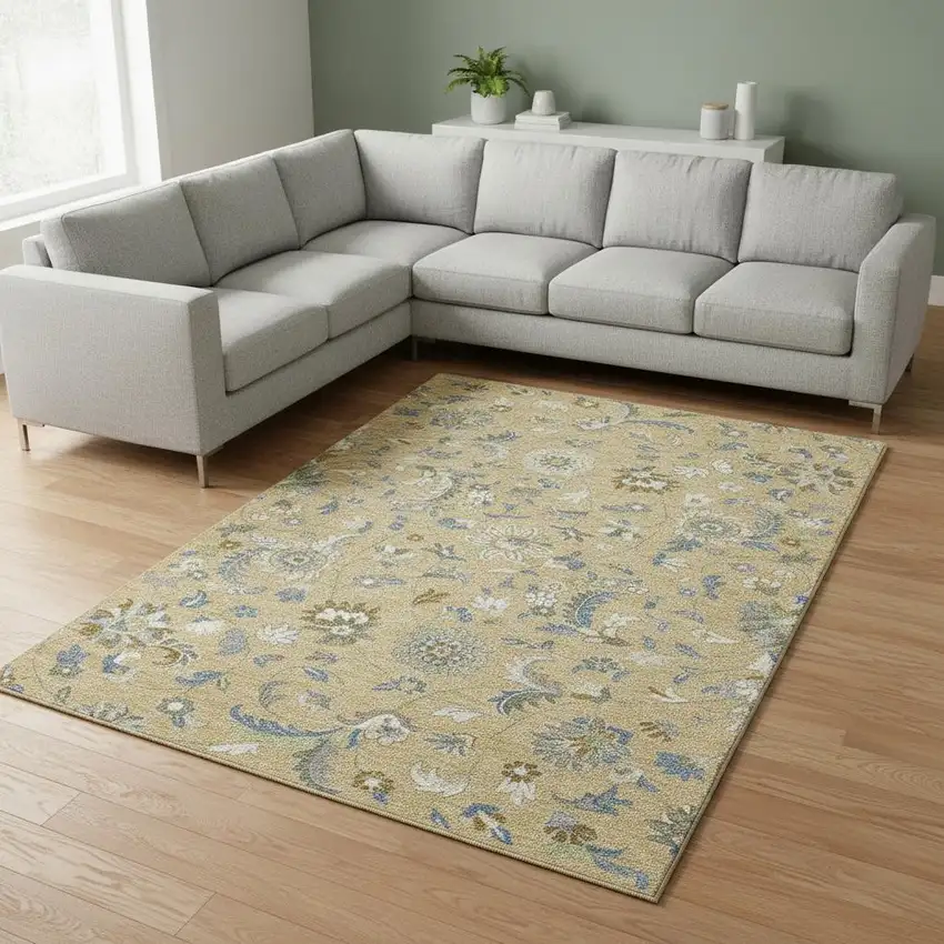 Wheat Blue And Beige Floral Washable Area Rug With UV Protection Photo 2