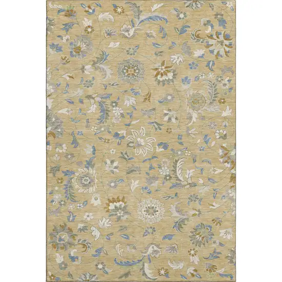 Wheat Blue And Beige Floral Washable Area Rug With UV Protection Photo 1