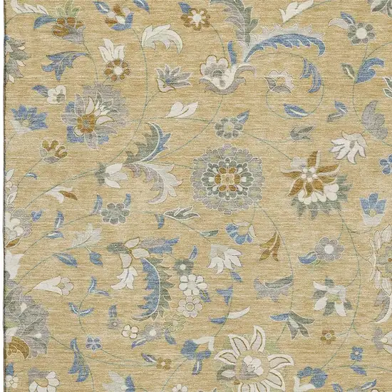 Wheat Blue And Beige Floral Washable Area Rug With UV Protection Photo 2