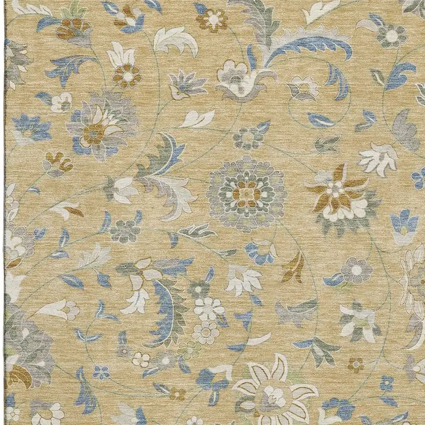 Wheat Blue And Beige Floral Washable Area Rug With UV Protection Photo 2
