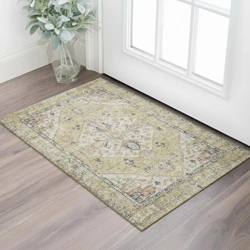 Wheat Blue And Beige Medallion Washable Area Rug With UV Protection Photo 2