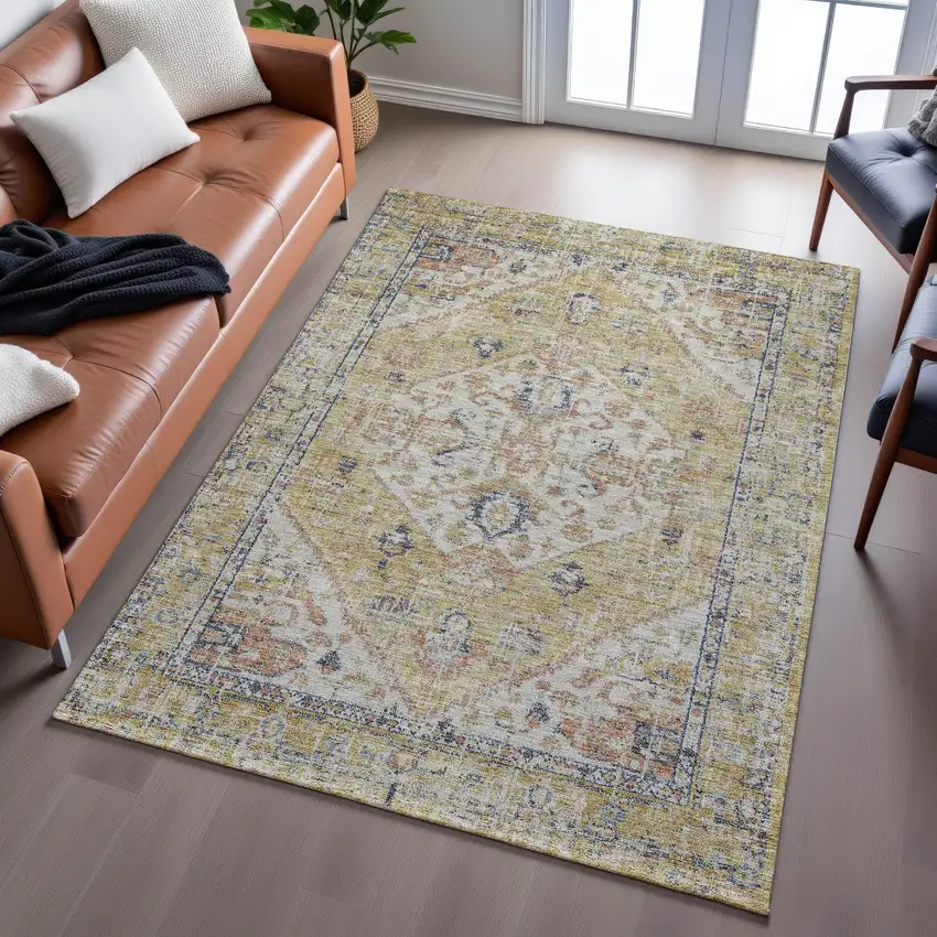 Wheat Blue And Beige Medallion Washable Area Rug With UV Protection Photo 5