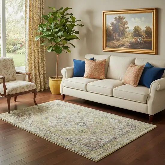 Wheat Blue And Beige Medallion Washable Area Rug With UV Protection Photo 2