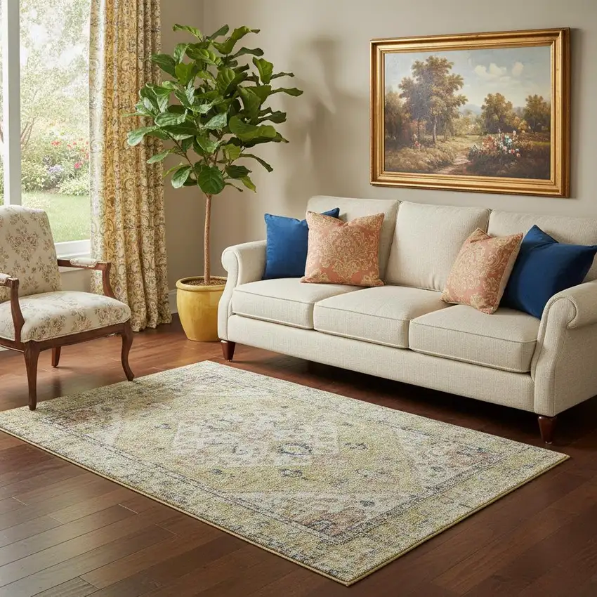 Wheat Blue And Beige Medallion Washable Area Rug With UV Protection Photo 2