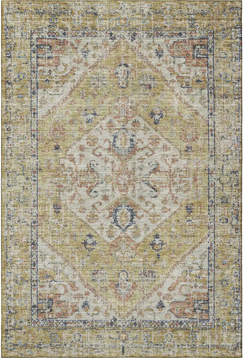 Wheat Blue And Beige Medallion Washable Area Rug With UV Protection Photo 2