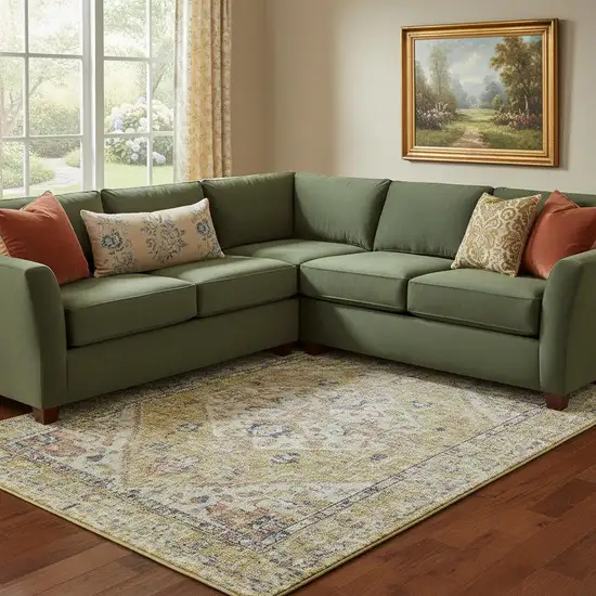 Wheat Blue And Beige Medallion Washable Area Rug With UV Protection Photo 2