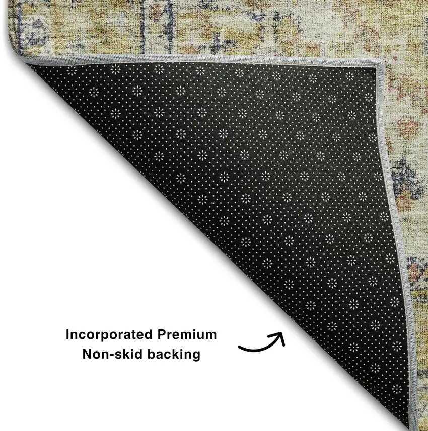 Wheat Blue And Beige Medallion Washable Area Rug With UV Protection Photo 5