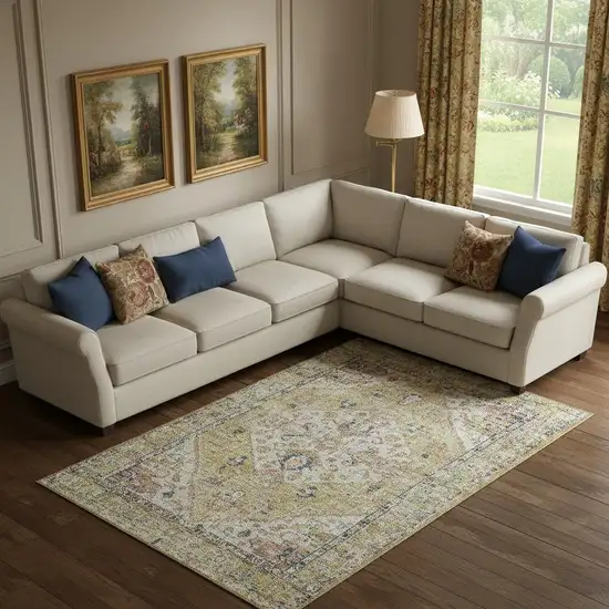 Wheat Blue And Beige Medallion Washable Area Rug With UV Protection Photo 2