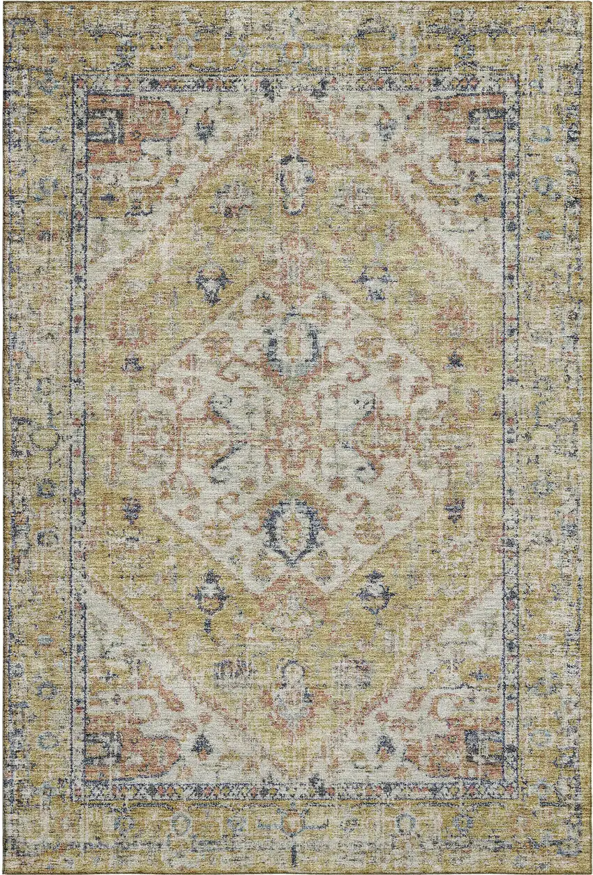 Wheat Blue And Beige Medallion Washable Area Rug With UV Protection Photo 1