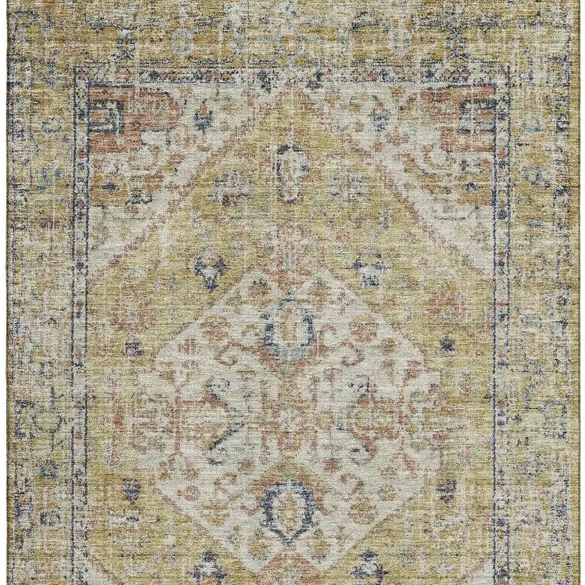 Wheat Blue And Beige Medallion Washable Area Rug With UV Protection Photo 3
