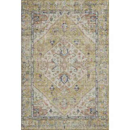 Wheat Blue And Beige Medallion Washable Area Rug With UV Protection Photo 1