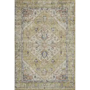 Photo of Wheat Blue And Beige Medallion Washable Area Rug With UV Protection