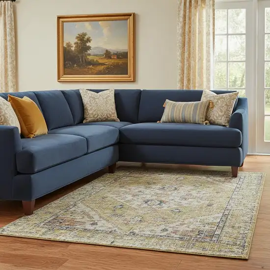 Wheat Blue And Beige Medallion Washable Area Rug With UV Protection Photo 2