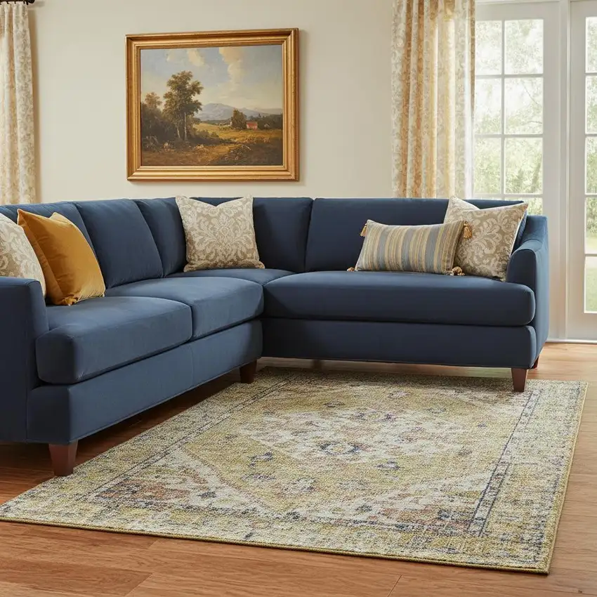 Wheat Blue And Beige Medallion Washable Area Rug With UV Protection Photo 2