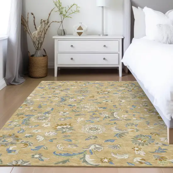 Wheat Blue And Ivory Floral Washable Indoor Outdoor Area Rug Photo 9