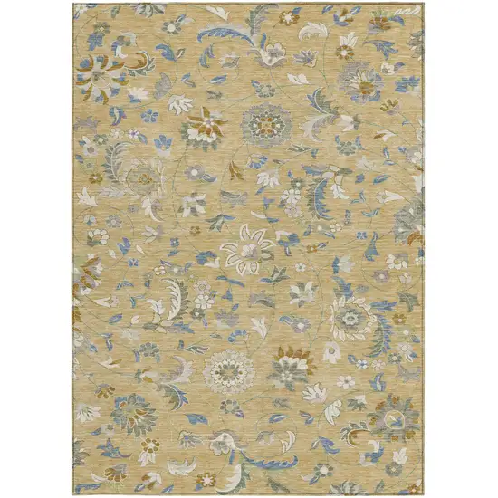 Wheat Blue And Ivory Floral Washable Indoor Outdoor Area Rug Photo 6