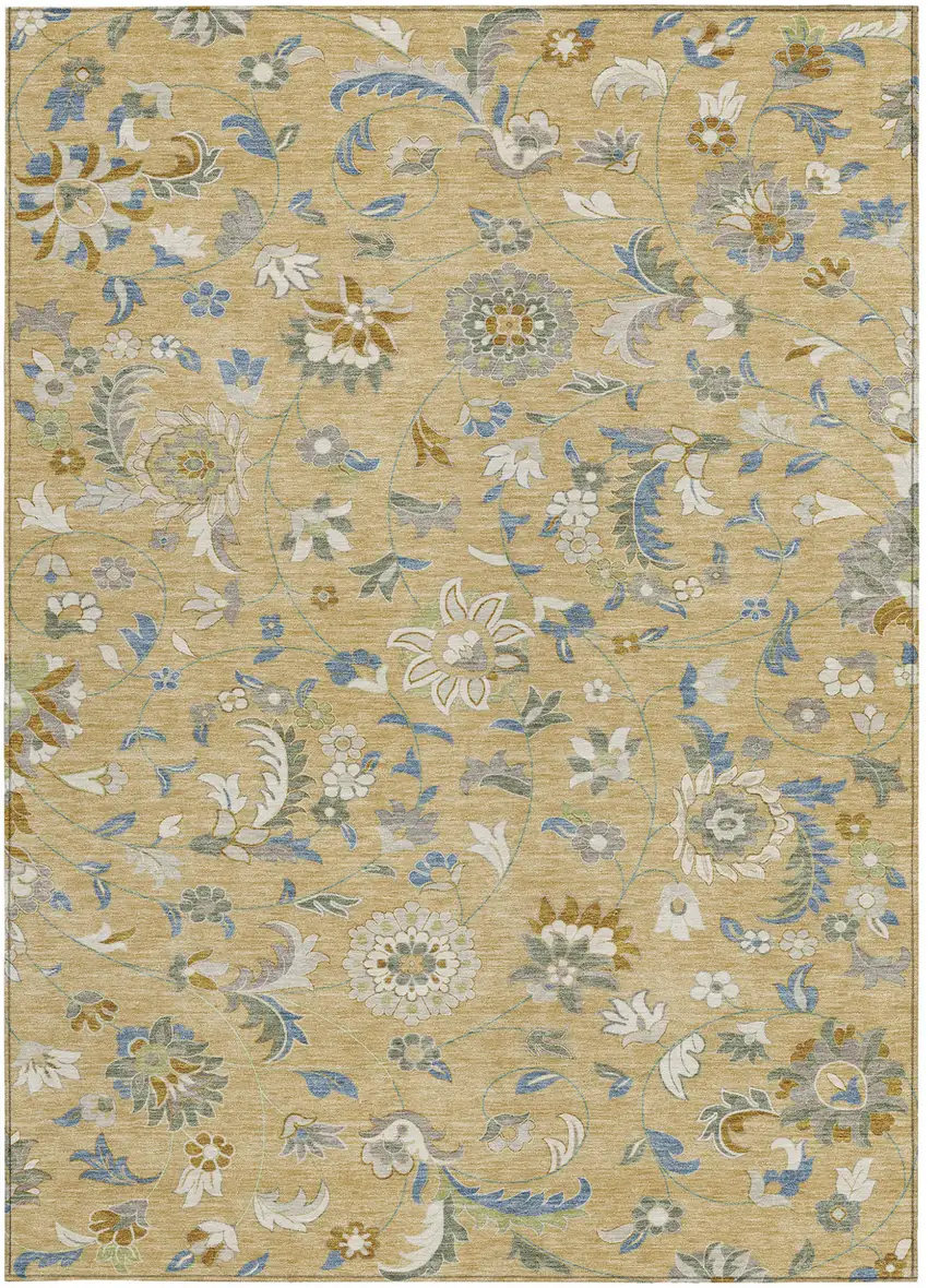 Wheat Blue And Ivory Floral Washable Indoor Outdoor Area Rug Photo 6
