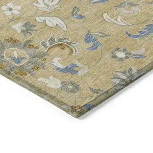 Photo of Wheat Blue And Ivory Floral Washable Indoor Outdoor Area Rug
