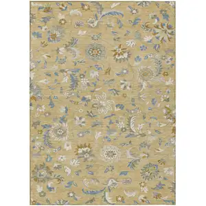 Photo of Wheat Blue And Ivory Floral Washable Indoor Outdoor Area Rug