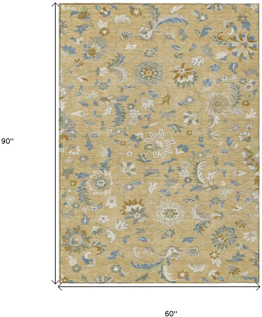 Wheat Blue And Ivory Floral Washable Indoor Outdoor Area Rug Photo 3