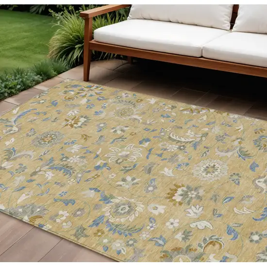 Wheat Blue And Ivory Floral Washable Indoor Outdoor Area Rug Photo 1