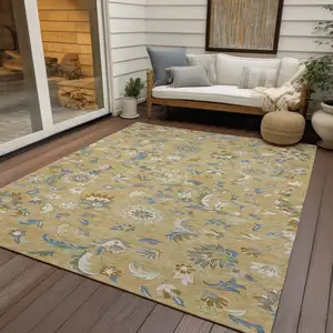 Photo of Wheat Blue And Ivory Floral Washable Indoor Outdoor Area Rug