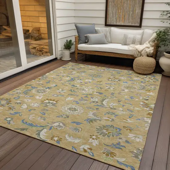 Wheat Blue And Ivory Floral Washable Indoor Outdoor Area Rug Photo 8