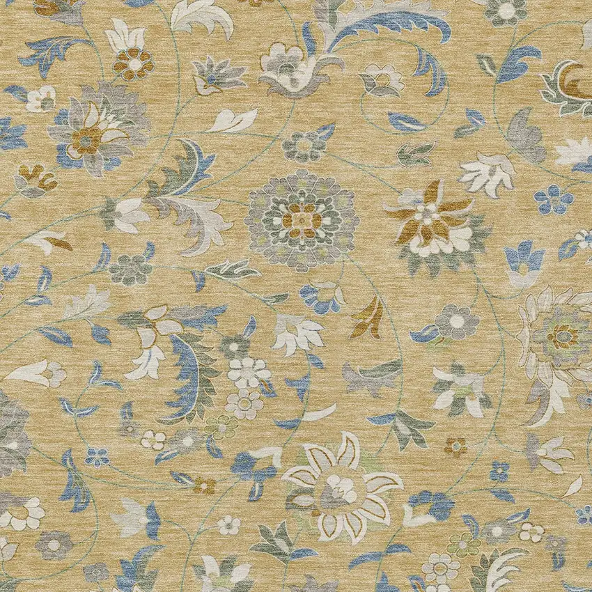 Wheat Blue And Ivory Floral Washable Indoor Outdoor Area Rug Photo 6