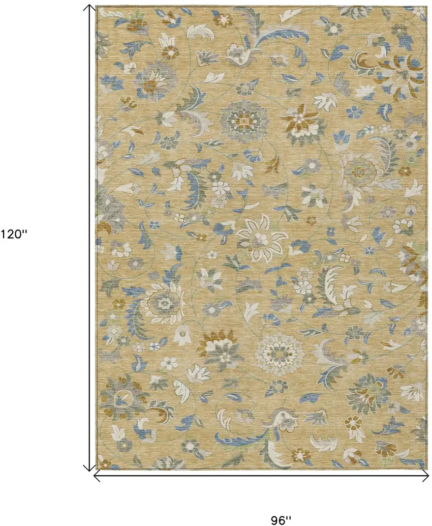 Wheat Blue And Ivory Floral Washable Indoor Outdoor Area Rug Photo 3