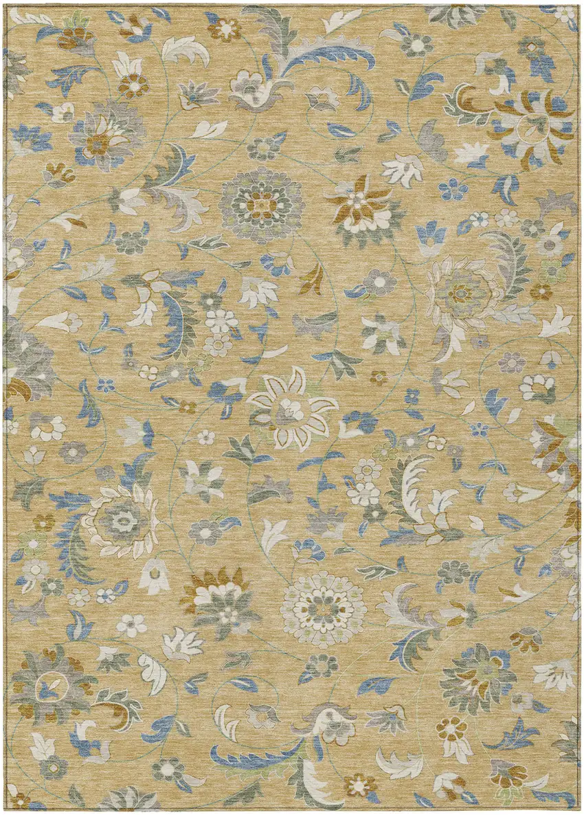 Wheat Blue And Ivory Floral Washable Indoor Outdoor Area Rug Photo 2