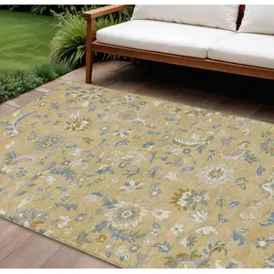 Photo of Wheat Blue And Ivory Floral Washable Indoor Outdoor Area Rug