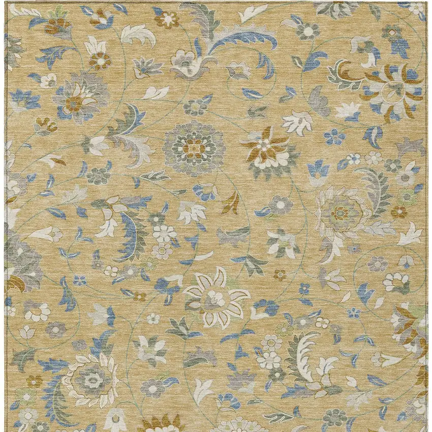 Wheat Blue And Ivory Floral Washable Indoor Outdoor Area Rug Photo 7