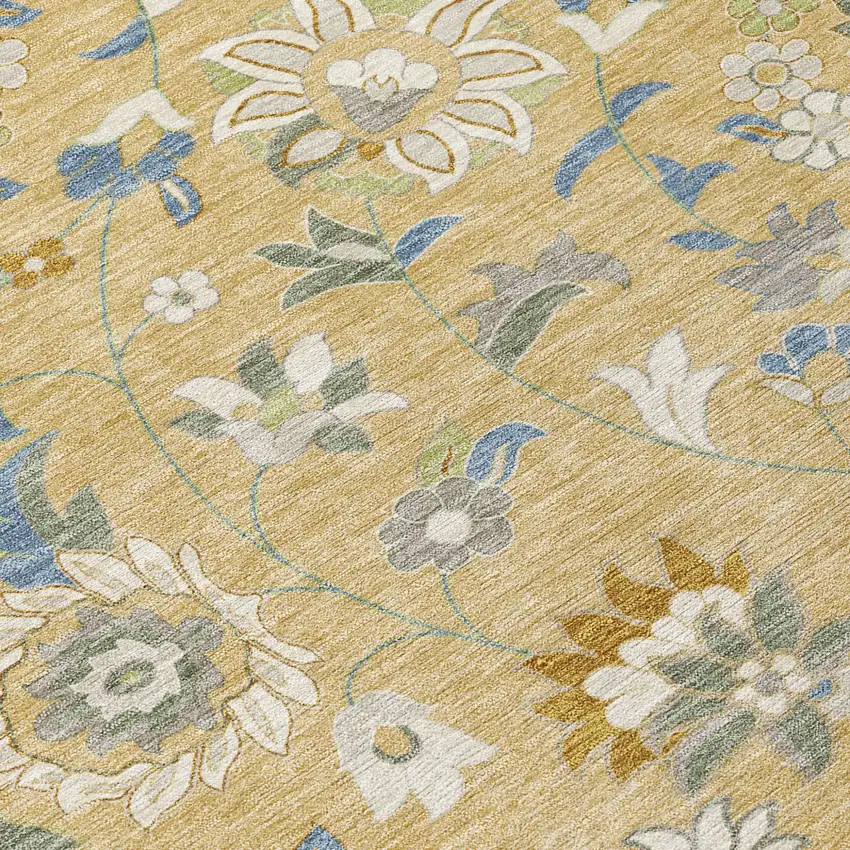 Wheat Blue And Ivory Floral Washable Indoor Outdoor Area Rug Photo 5