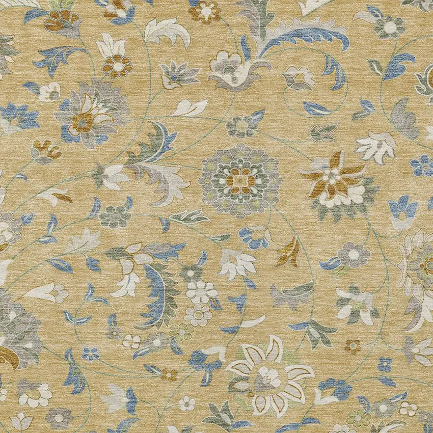 Wheat Blue And Ivory Floral Washable Indoor Outdoor Area Rug Photo 6