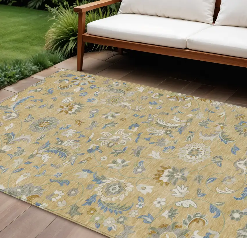 Wheat Blue And Ivory Floral Washable Indoor Outdoor Area Rug Photo 1