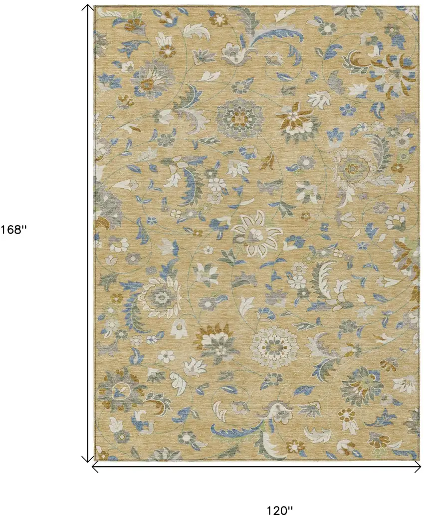 Wheat Blue And Ivory Floral Washable Indoor Outdoor Area Rug Photo 3