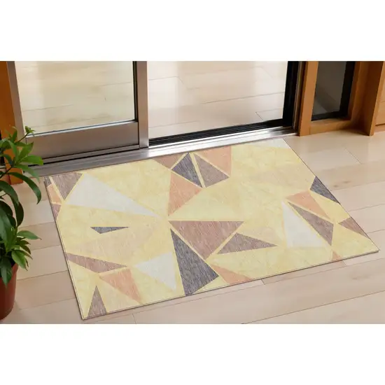 Wheat Brown And Gray Geometric Washable Indoor Outdoor Area Rug Photo 1