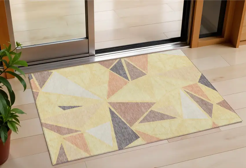 Wheat Brown And Gray Geometric Washable Indoor Outdoor Area Rug Photo 1