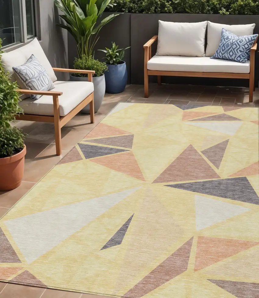 Wheat Brown And Gray Geometric Washable Indoor Outdoor Area Rug Photo 1