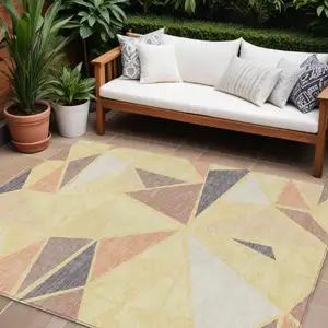 Photo of Wheat Brown And Gray Geometric Washable Indoor Outdoor Area Rug