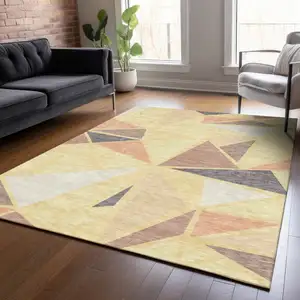 Photo of Wheat Brown And Gray Geometric Washable Indoor Outdoor Area Rug