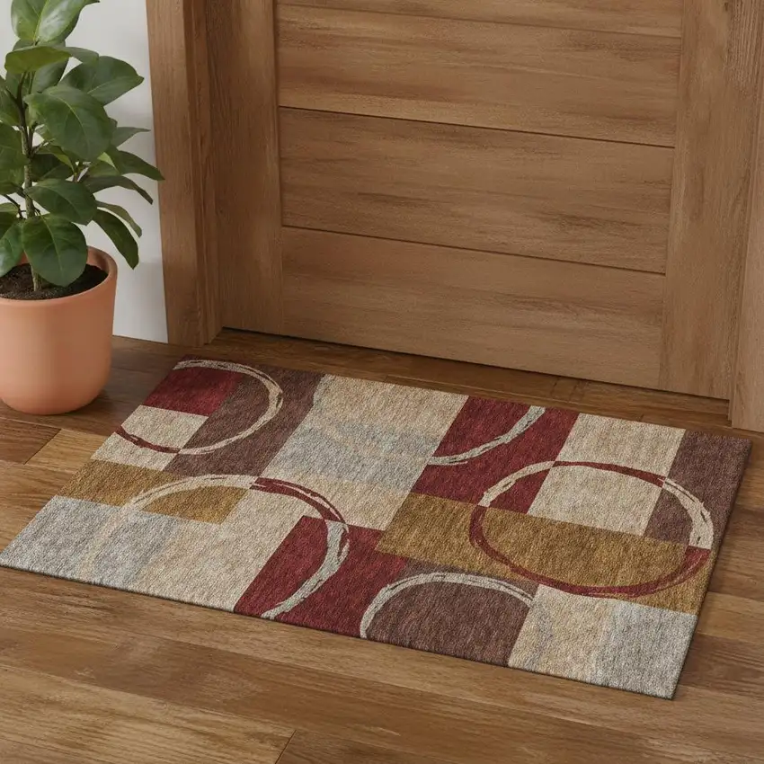 Wheat Burgundy And Gray Geometric Washable Area Rug With UV Protection Photo 1