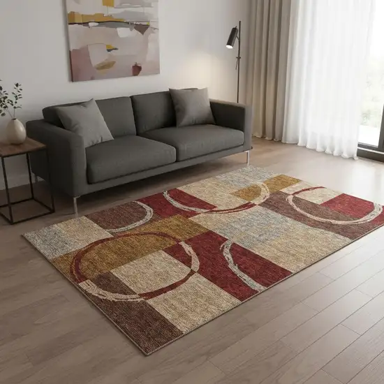 Wheat Burgundy And Gray Geometric Washable Area Rug With UV Protection Photo 2