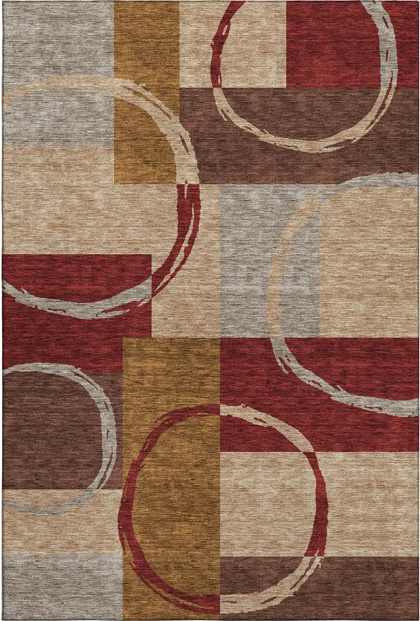 Wheat Burgundy And Gray Geometric Washable Area Rug With UV Protection Photo 1
