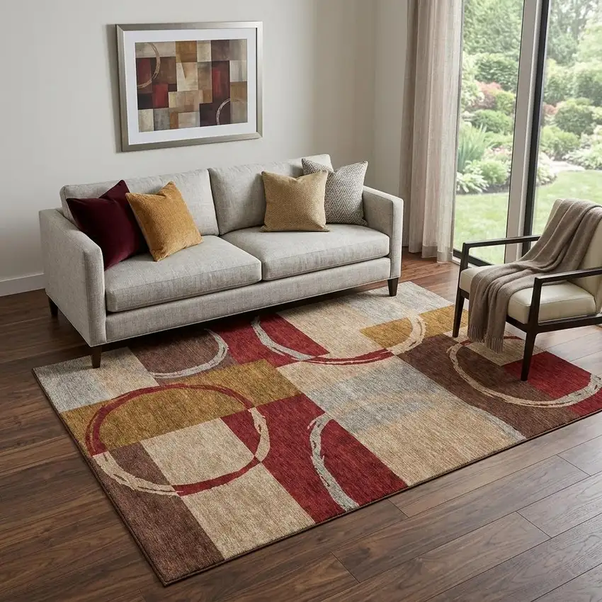 Wheat Burgundy And Gray Geometric Washable Area Rug With UV Protection Photo 1